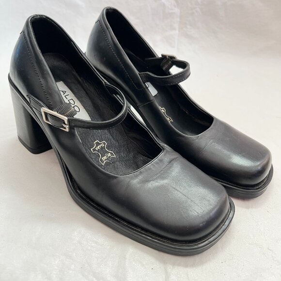 Vintage 90s Aldo shoes mary jane high heels black leather square toe EU 35 5 - Picture 1 of 12
